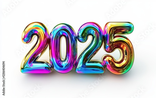 Of the number 2025 made of swirling iridescent oil slick with vibrant metallic rainbow hues, isolated on a clean white background