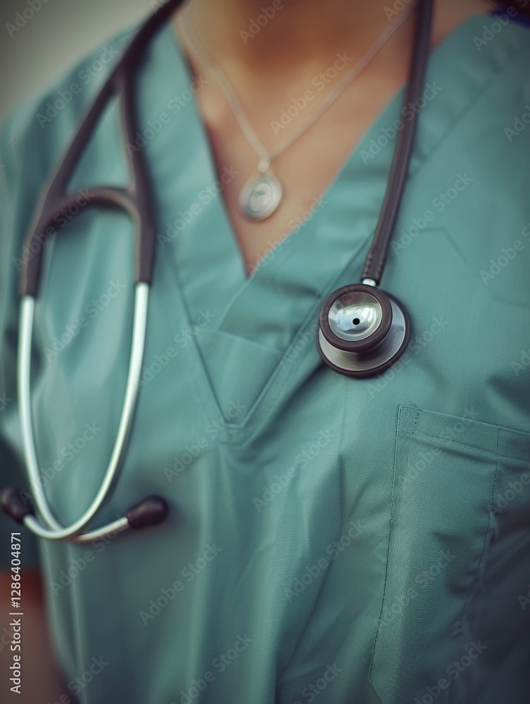 Woman wearing a green scrubs shirt with a stethoscope on her chest Woman wearing a green scrubs shirt with a stethoscope on her chest