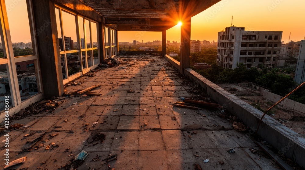 Obraz premium Abandoned building interior at sunset with debris and distant urban landscape visible