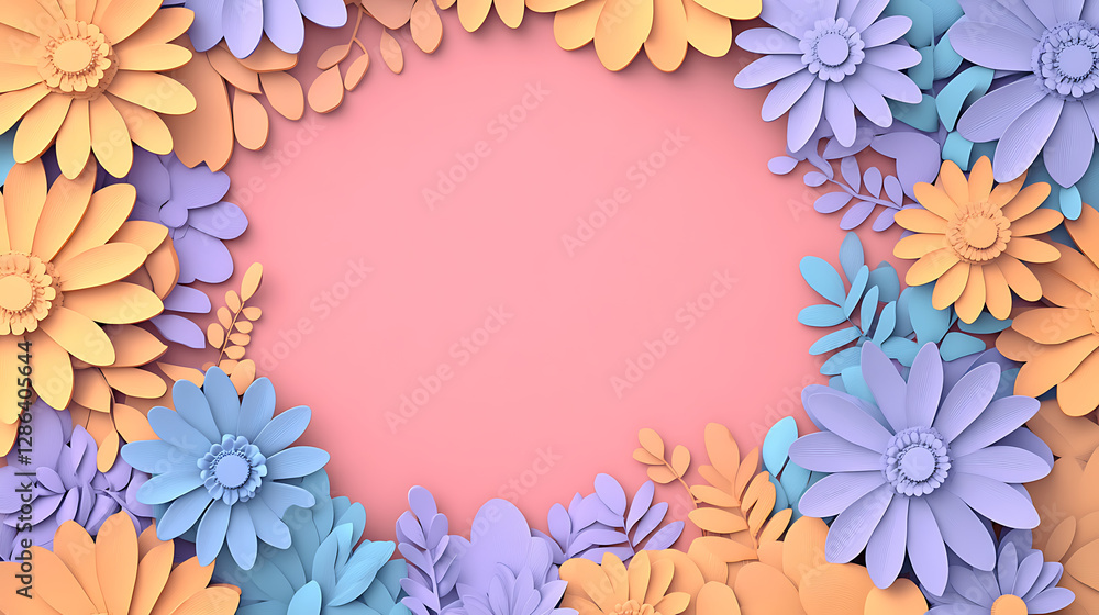 Fototapeta premium Paper cut spring flowers and leaves Fresh spring nature background. Floral with leaves cut of paper Flower paper style, colorful rose, paper craft floral