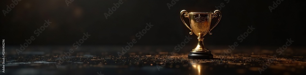Dark glossy surface reflects golden trophy's shine, modern, shiny surface Dark glossy surface reflects golden trophy's shine, modern, shiny surface
