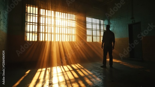 A prisoner escaping from jail with dramatic lighting and shadows.