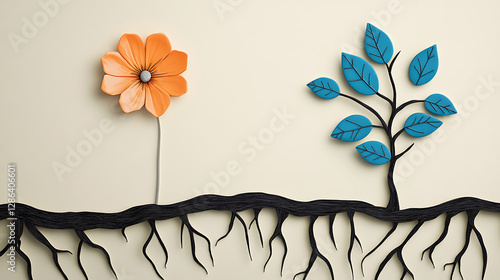 Paper cut spring flowers and leaves Fresh spring nature background. Floral with leaves cut of paper Flower paper style, colorful rose, paper craft floral
