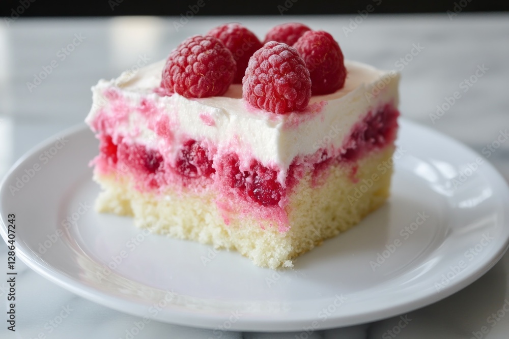 Raspberry cake slice on white plate in soft natural light. AI image Raspberry cake slice on white plate in soft natural light. AI image