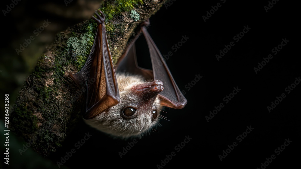 Naklejka premium Close-up of a bat hanging upside down from a tree branch in a dark forest environment
