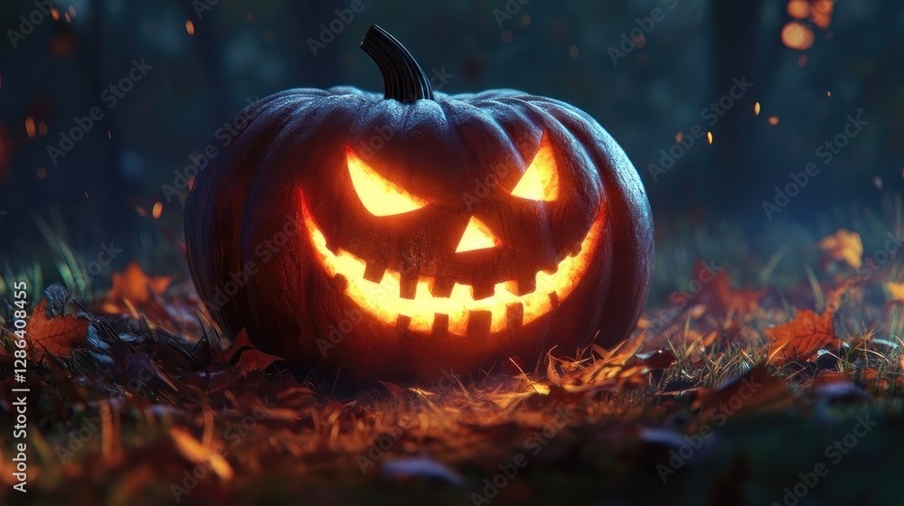 Naklejka premium Glowing Jack-o'-lantern in Autumn Forest