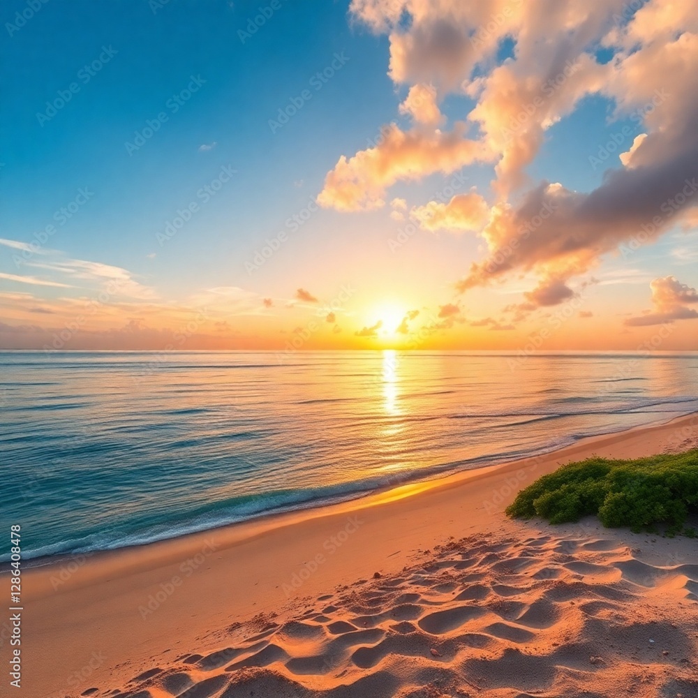 High-resolution stock photo Coastal paradise at sunrise, showcasing warm light illuminating sandy beach, tranquil ocean reflecting the sky. High-resolution stock photo Coastal paradise at sunrise, showcasing warm light illuminating sandy beach, tranquil ocean reflecting the sky.
