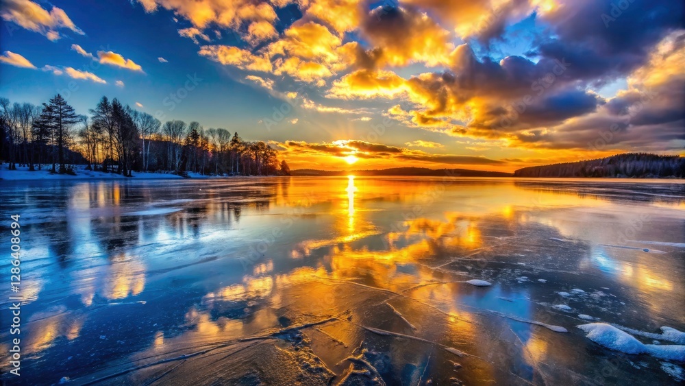 Fototapeta premium Frozen Lake Golden Reflection Night Photography, Stunning Winter Landscape, Night Scene, Cold Weather, Ice, Golden Hour, Nature Photography