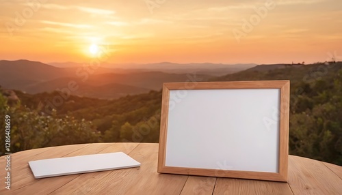  wooden table on white fame with a blurred mountain view,Beautiful scenery: empty white wooden table, Banff National Park view, blurred bokeh out of an open window, product display,897 photo