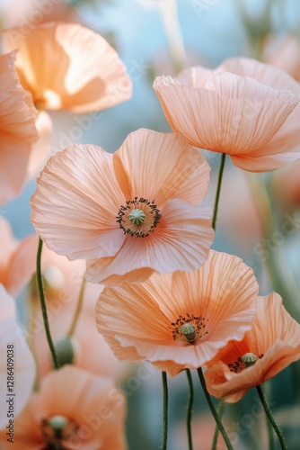 Close-up of delicate pastel poppies in soft pink and orange tones. A dreamy floral composition with gentle lighting, perfect for nature, romance, and botanical themes.