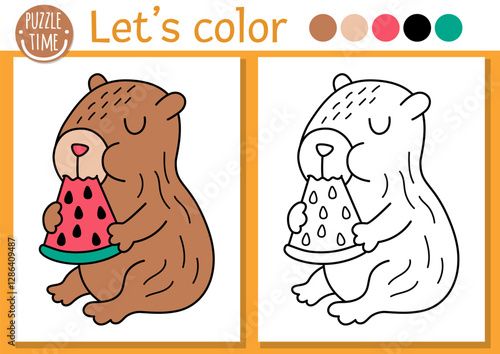 Capybara coloring page for children with cute animal eating watermelon. Vector capibara outline illustration. Color book for kids with colored example. Drawing skills printable worksheet