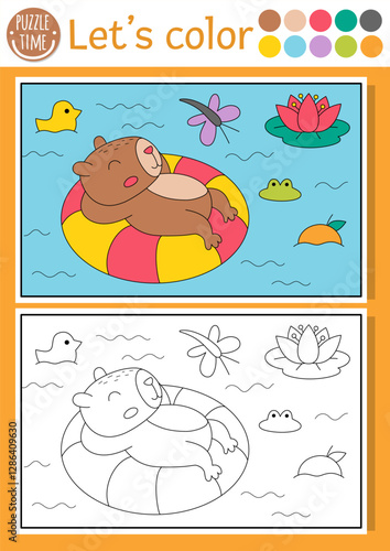 Capybara coloring page for children with scene, animal swimming floaty in pond. Vector capibara outline illustration. Book for kid with colored example. Drawing printable worksheet