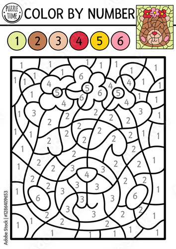Vector capybara color by number activity with animal head with flowers. Nature landscape scene. Black and white counting game. Coloring page for kids with cute capibara in floral wreath