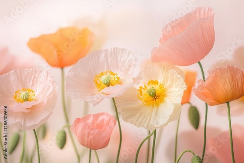 Close-up of delicate pastel poppies in soft pink and orange tones. A dreamy floral composition with gentle lighting, perfect for nature, romance, and botanical themes.
