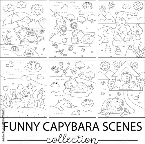 Vector capybara vertical scenes collection. Capibara black and white landscape illustration, coloring page. Cute nature line scenes set with adorable animals relaxing, meditating, sleeping, eating