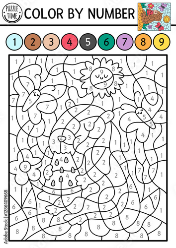 Vector capybara color by number activity with animal eating watermelon. Nature landscape scene. Black and white counting game. Coloring page for kids with cute capibara with butterflies and sun