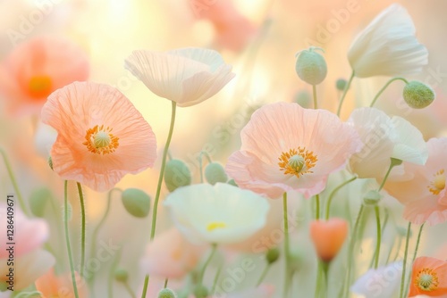 Close-up of delicate pastel poppies in soft pink and orange tones. A dreamy floral composition with gentle lighting, perfect for nature, romance, and botanical themes.