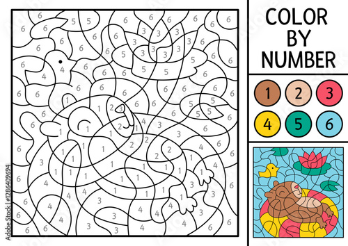 Vector capybara color by number activity with animal swimming on floaty in water. Nature landscape scene. Black and white counting game. Coloring page for kids with cute capibara
