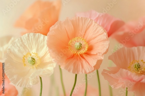 Close-up of delicate pastel poppies in soft pink and orange tones. A dreamy floral composition with gentle lighting, perfect for nature, romance, and botanical themes.