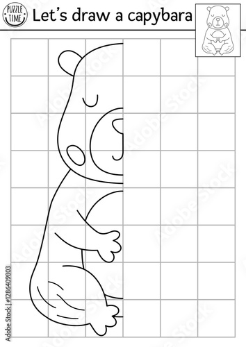 Complete the capybara. Vector capibara symmetrical drawing practice worksheet. Printable black and white activity for kids. Copy the picture coloring page with cute meditating animal