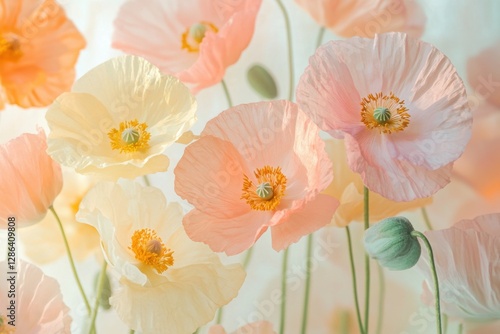 Close-up of delicate pastel poppies in soft pink and orange tones. A dreamy floral composition with gentle lighting, perfect for nature, romance, and botanical themes.