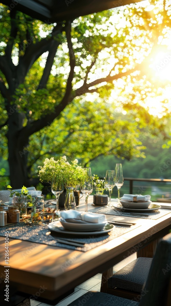 Fototapeta premium Eco-friendly dining experience in garden with soft sunlight and vibrant backdrop realistic setup for nature lovers