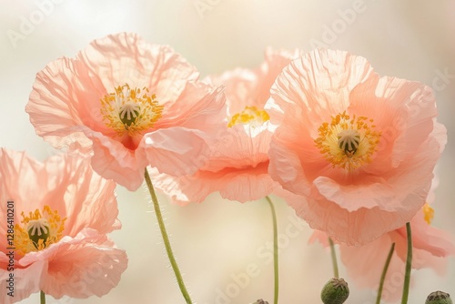 Close-up of delicate pastel poppies in soft pink and orange tones. A dreamy floral composition with gentle lighting, perfect for nature, romance, and botanical themes.