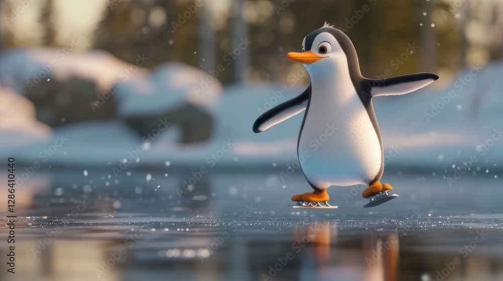 Fototapeta premium Cartoon penguin ice skating on frozen lake