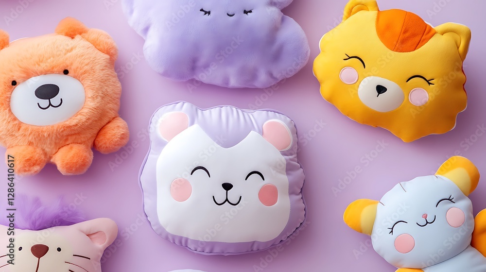 Animal themed baby pillows with soft plush material on light purple background Animal themed baby pillows with soft plush material on light purple background