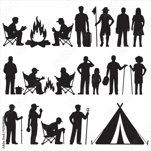 set of vector camping tent, tent icon, camping silhouettes collection, People camping scene, Landscape - camping in mountains silhouettes