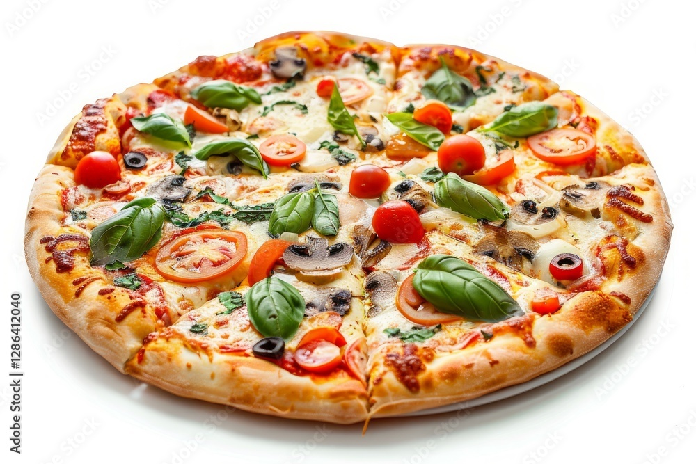 Delicious pizza with fresh ingredients on white background. AI image Delicious pizza with fresh ingredients on white background. AI image