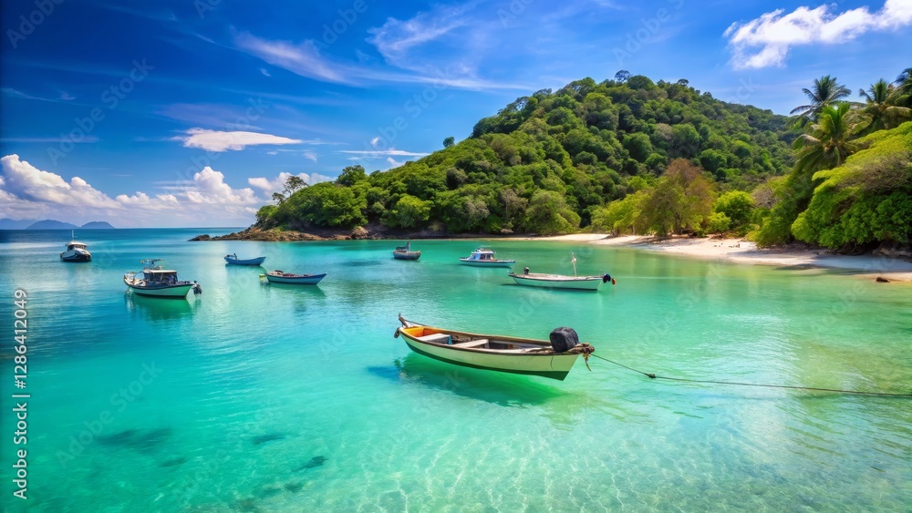 Serene Tropical Beach Scene with Boats and Clear Blue Water Serene Tropical Beach Scene with Boats and Clear Blue Water