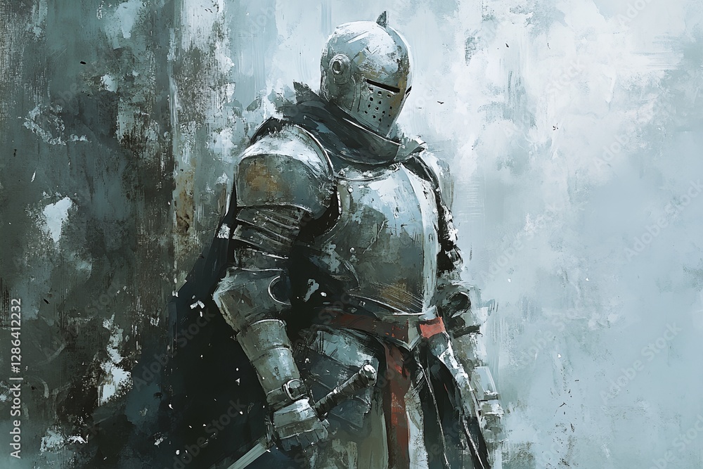 Fototapeta premium Knight in full armor stands in front of a wall.