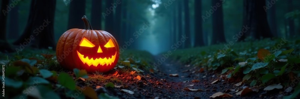 Fototapeta premium Carved pumpkin glowing softly in dark forest path, night, foliage, forest