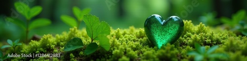 Colorful emerald green heart resting on a bed of soft moss and ferns in a forest environment, emerald green, nature photography, woodland scene