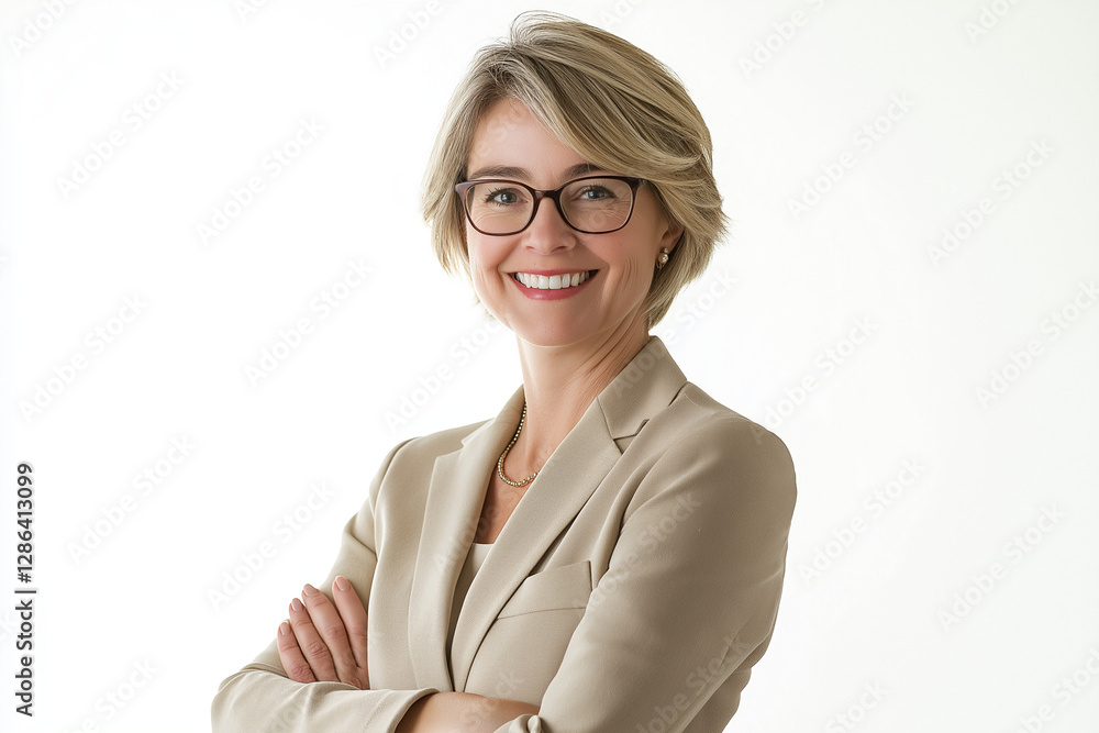 A smiling blonde businesswoman in a suit stands confidently, arms crossed, embodying professional success A smiling blonde businesswoman in a suit stands confidently, arms crossed, embodying professional success