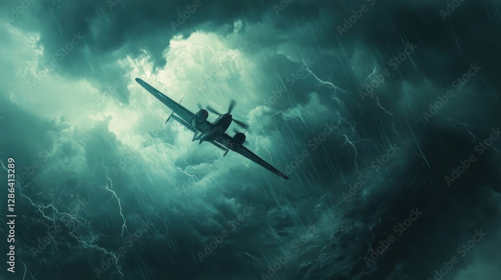 Naklejka premium Airplane Flying Through a Dark Stormy Sky