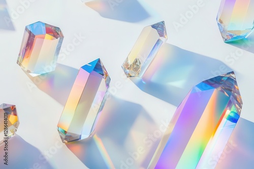 ethereal floating geometric crystal prisms casting rainbow reflections on pearl white background minimalist abstract composition photo