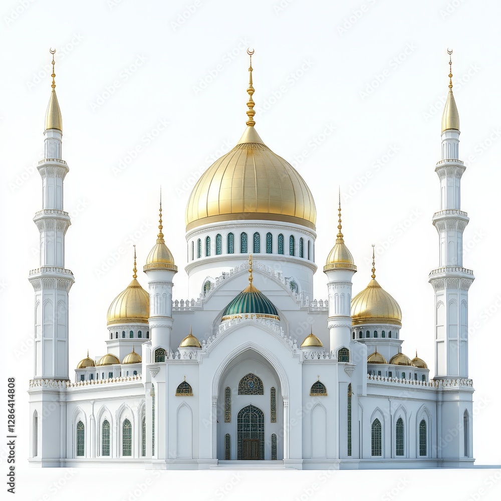 Obraz premium White and gold domed mosque with towering minarets standing against pure backdrop radiating divine elegance and intricate Islamic architecture symbolizing religious devotion and craftsmanship