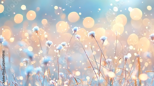 Winter Floral Background with Bokeh Lights and Snowflakes - Abstract Holiday Season