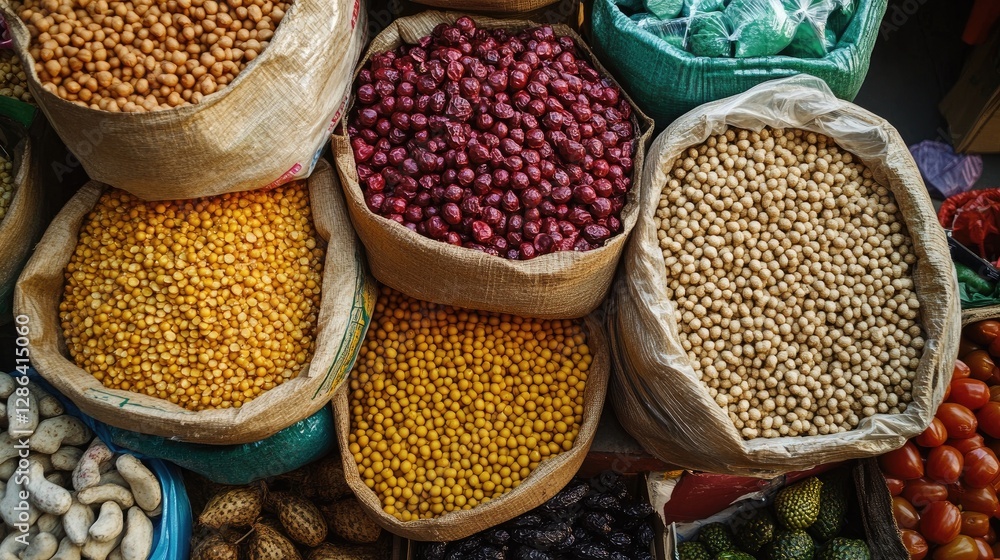 Fototapeta premium A Colorful Display of Diverse Dried Fruits and Nuts in Market Baskets