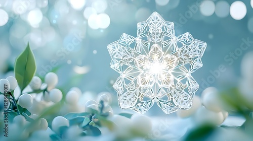 Winter Holiday: Abstract Snowflake with Berries and Bokeh Lights Background