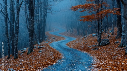 Winding Forest Road with Autumn Leaves and Foggy Moody Landscape