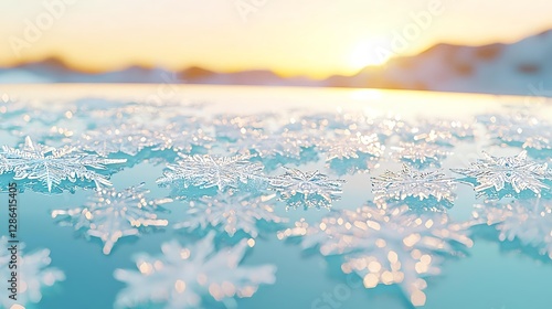 Winter Holiday Background with Snowflakes and Golden Hour Sunset in Mountains