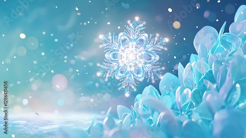 Winter Holiday Snowflake Background with Bokeh Lights and Copy Space