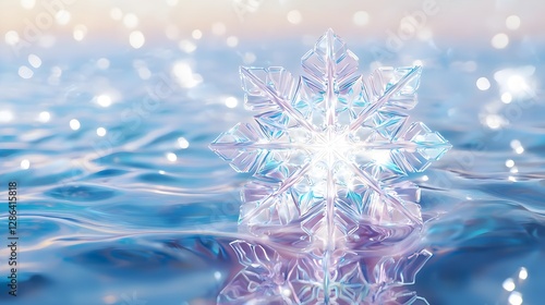 Winter Holiday Snowflake Ornament on Water Surface with Bokeh Lights Background