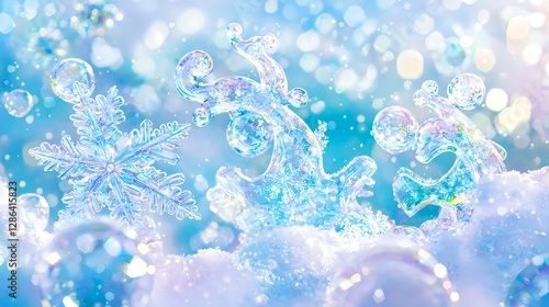 Winter Holidays: Abstract Ice Reindeer and Snowflake Decorations in Blue