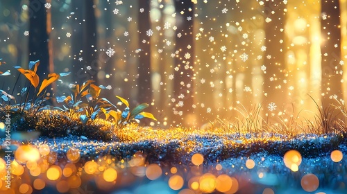 Winter Landscape with Snowflakes and Golden Light - Magical Forest Scene