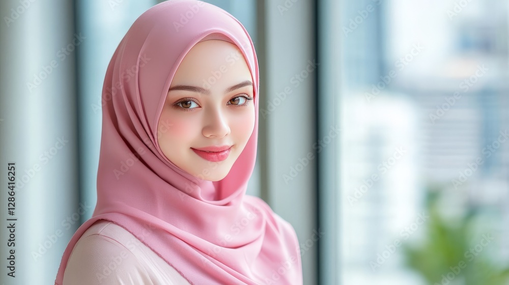 Confident woman in soft pink hijab smiling warmly against modern cityscape background exuding sophistication beauty and cultural pride in contemporary urban setting Confident woman in soft pink hijab smiling warmly against modern cityscape background exuding sophistication beauty and cultural pride in contemporary urban setting