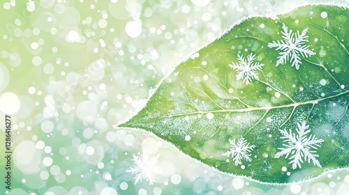 Winter Leaf with Snowflakes and Bokeh Lights Background - Seasonal Holiday